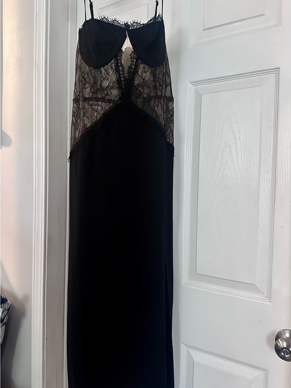 Black Lace Panel Midi Sleep Dress with Spaghetti Straps